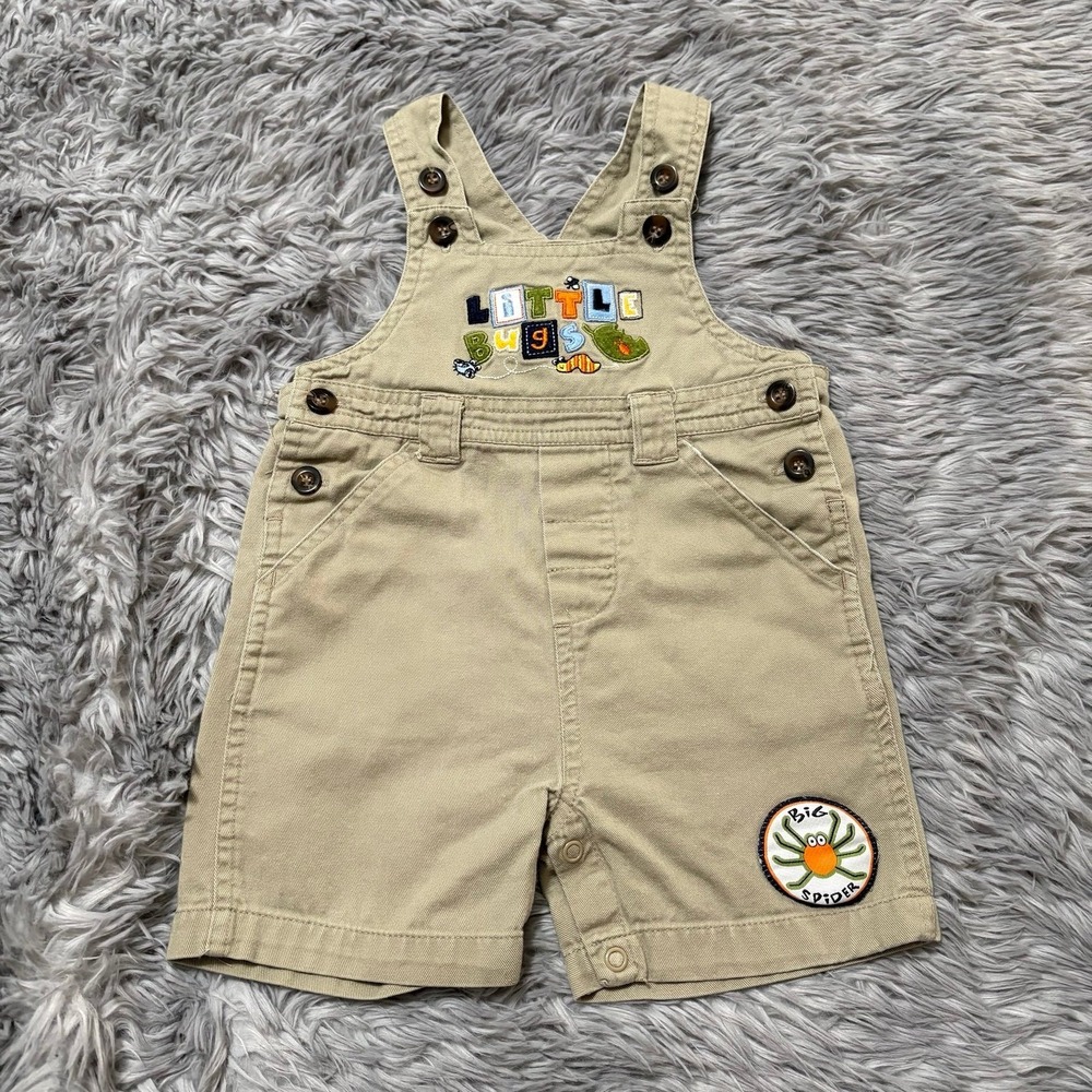 Vintage Little By Little Khaki Shorts Overalls "Little Bugs" Baby 6-9 Months